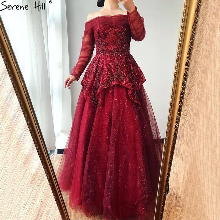 On Sale no return no refundSale Serene Hill Wine Red A-Line Evening Dresses 2025 Dubai Beading Long Sleeves Formal Dress Design LA70692 - SERENE HILL
