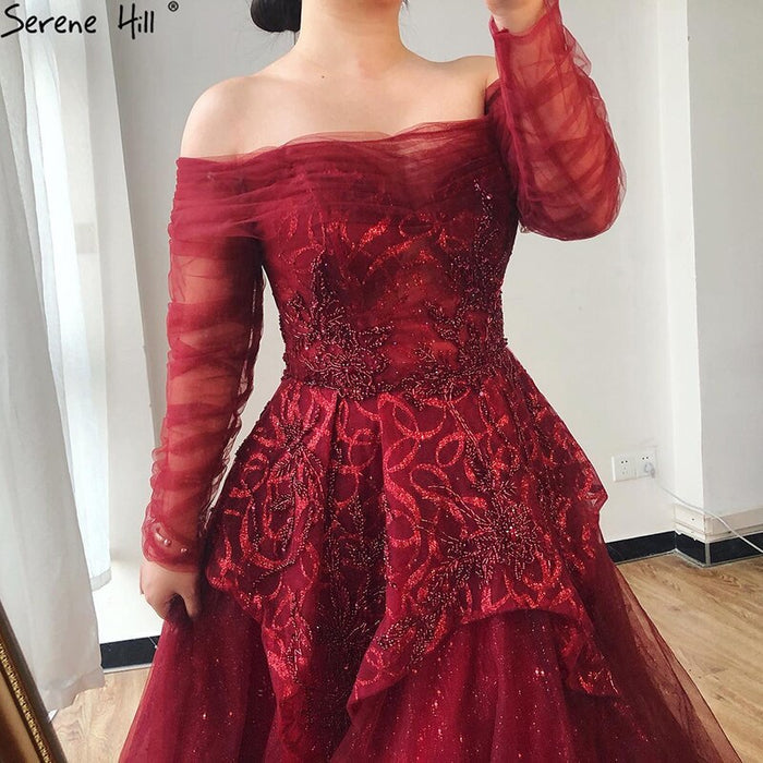On Sale no return no refundSale Serene Hill Wine Red A-Line Evening Dresses 2025 Dubai Beading Long Sleeves Formal Dress Design LA70692 - SERENE HILL