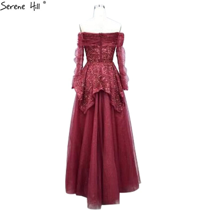 On Sale no return no refundSale Serene Hill Wine Red A-Line Evening Dresses 2025 Dubai Beading Long Sleeves Formal Dress Design LA70692 - SERENE HILL
