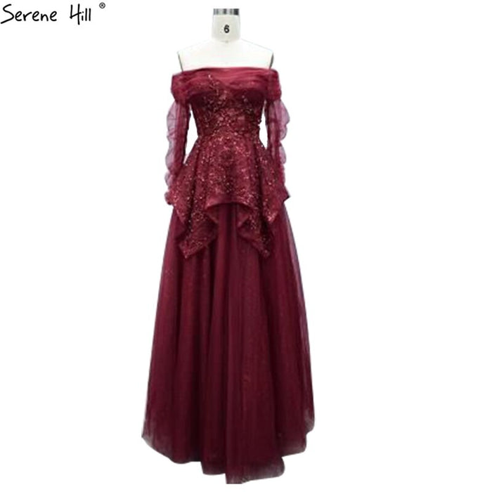On Sale no return no refundSale Serene Hill Wine Red A-Line Evening Dresses 2025 Dubai Beading Long Sleeves Formal Dress Design LA70692 - SERENE HILL