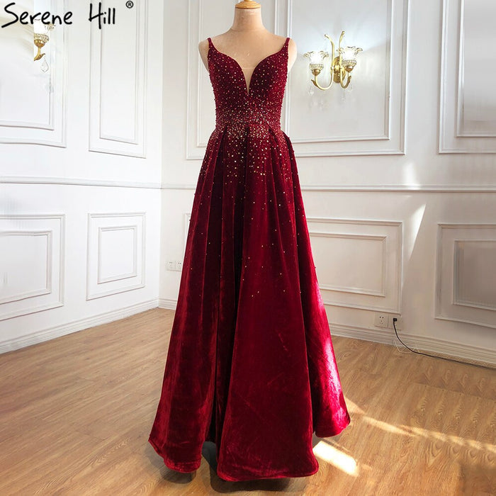 On Sale no return no refundSale Serene Hill Wine Red Velvet Luxury Evening Dresses Gowns 2025 A-Line Beading Sexy For Women Party LA70956 - SERENE HILL