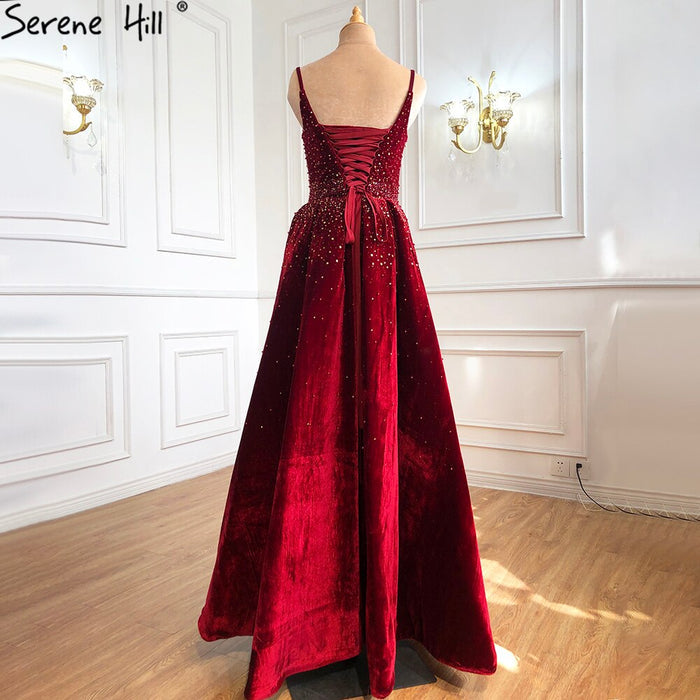 On Sale no return no refundSale Serene Hill Wine Red Velvet Luxury Evening Dresses Gowns 2025 A-Line Beading Sexy For Women Party LA70956 - SERENE HILL