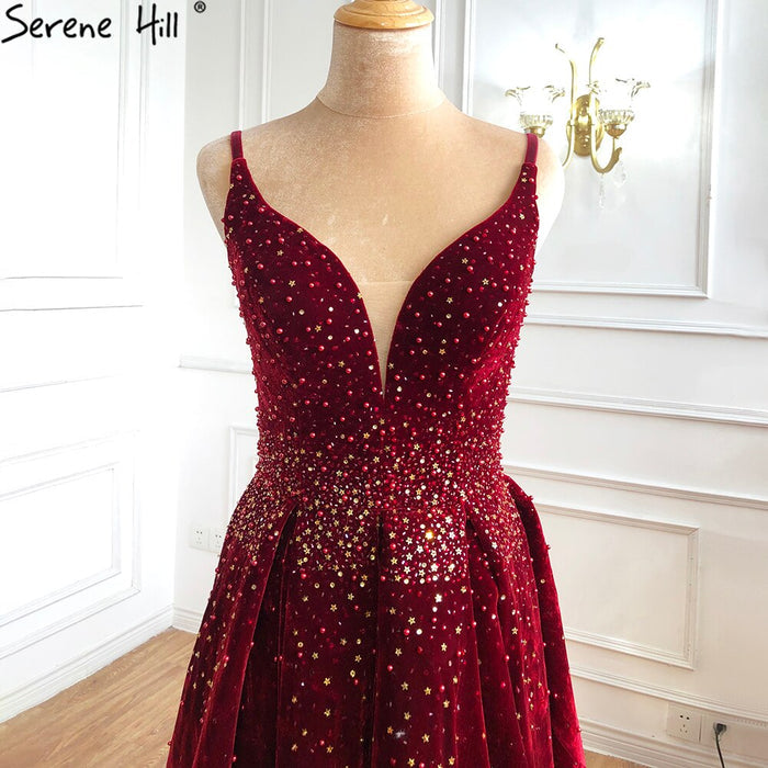 On Sale no return no refundSale Serene Hill Wine Red Velvet Luxury Evening Dresses Gowns 2025 A-Line Beading Sexy For Women Party LA70956 - SERENE HILL