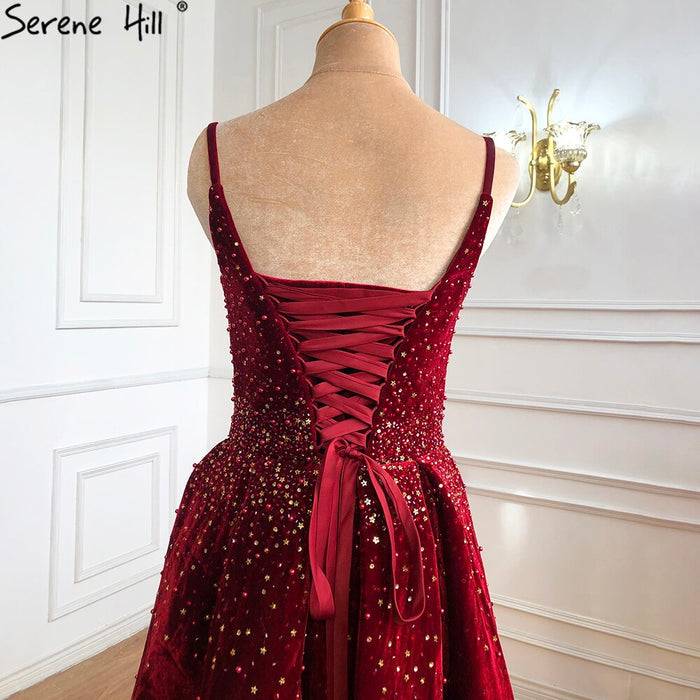 On Sale no return no refundSale Serene Hill Wine Red Velvet Luxury Evening Dresses Gowns 2025 A-Line Beading Sexy For Women Party LA70956 - SERENE HILL