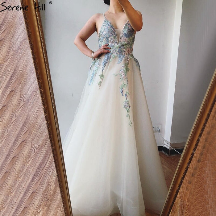 On Sale no return no refundSale White A-Line Sleeveless Sexy Lace Prom Dresses 2025 Tulle Crystal Prom Party Dress Serene Hill LA70475 - SERENE HILL