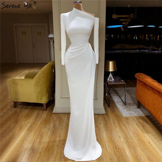 On Sale no return no refundSale White Satin Simple Long Sleeves Prom Dresses 2025 Mermaid Elegant Long Prom Party Gowns Serene Hill LA70298 - SERENE HILL