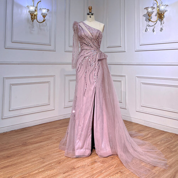 One Shoulder Mermaid Pink Evening Dresses with Overskirt LA72062 - SERENE HILL