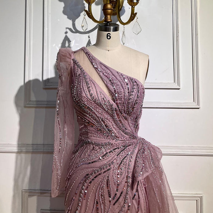 One Shoulder Mermaid Pink Evening Dresses with Overskirt LA72062 - SERENE HILL
