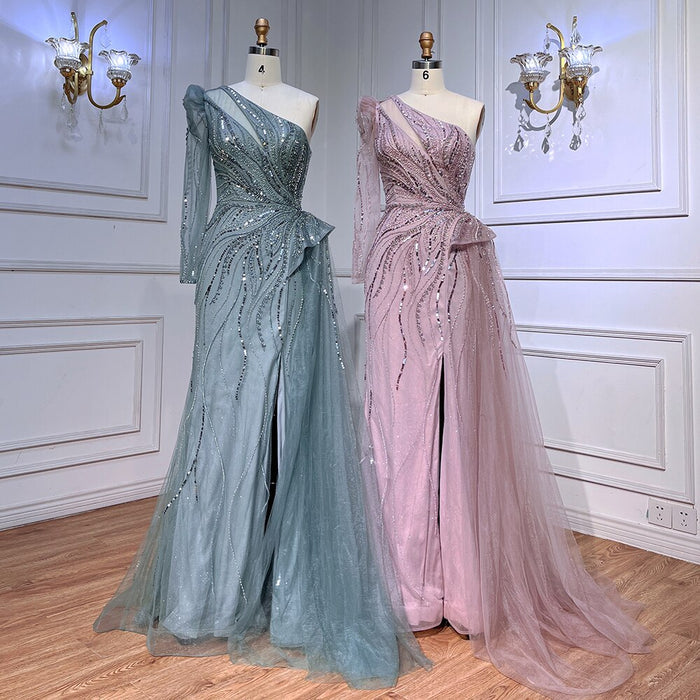 One Shoulder Mermaid Pink Evening Dresses with Overskirt LA72062 - SERENE HILL
