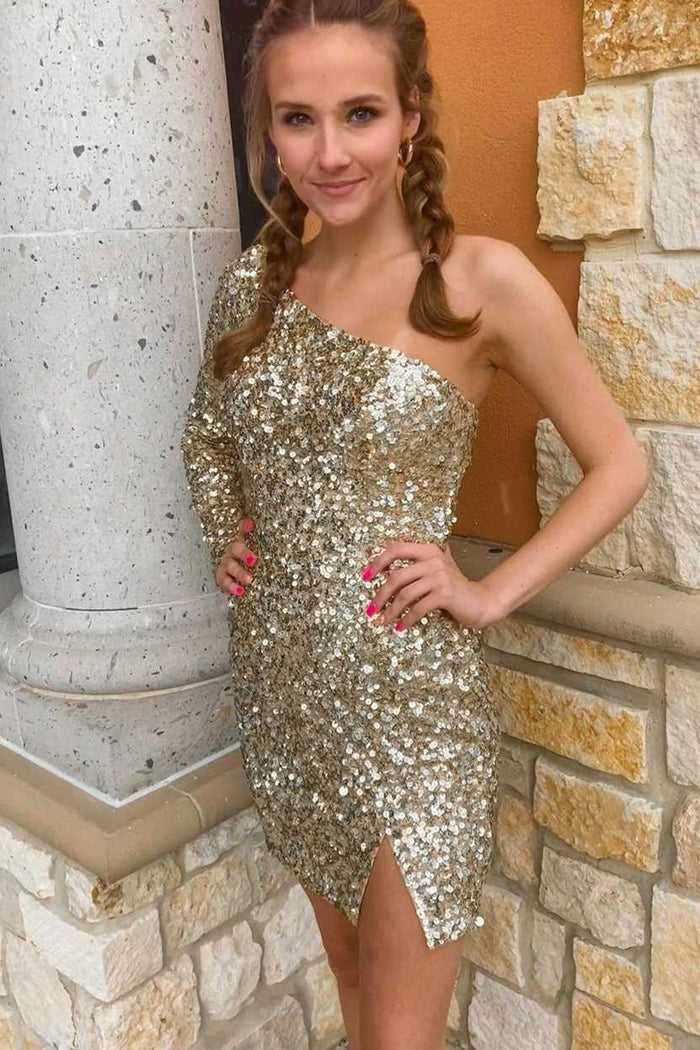 One Sleeve Hot Pink Sequins Party Dress