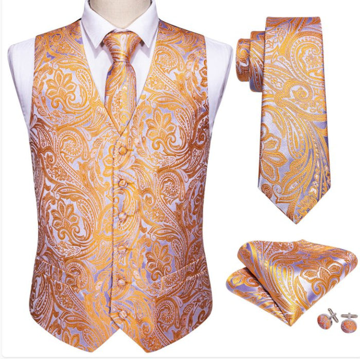 Orange Grey Paisley Waistcoat and Necktie Pocket Square Cufflink Vest Set-MJ-2062 - SimonVon Shop