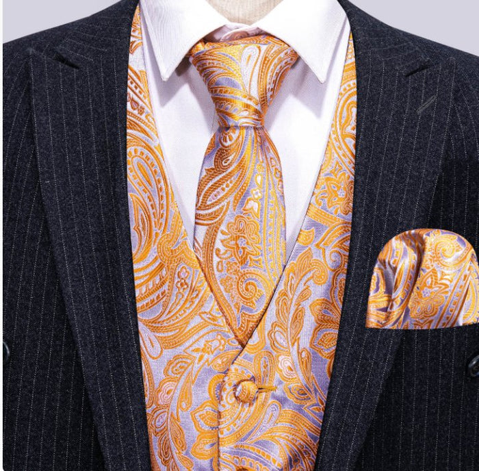 Orange Grey Paisley Waistcoat and Necktie Pocket Square Cufflink Vest Set-MJ-2062 - SimonVon Shop