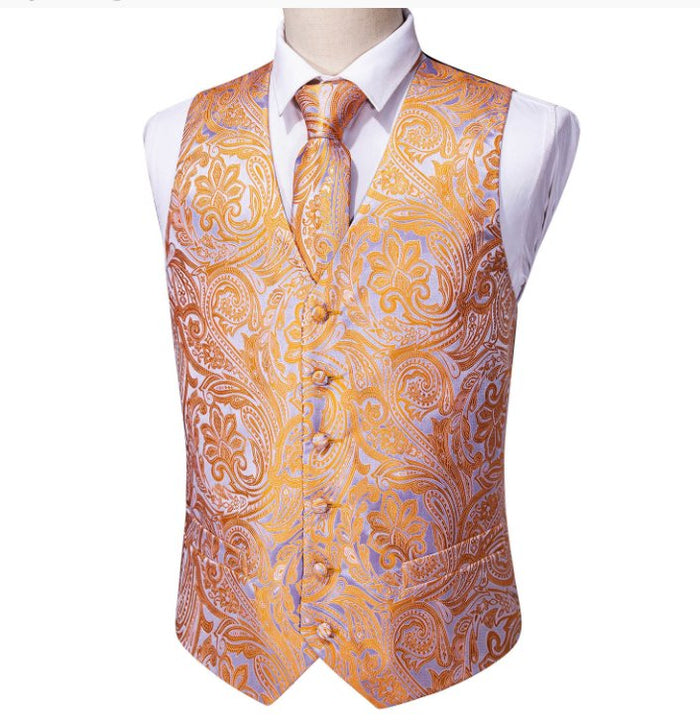 Orange Grey Paisley Waistcoat and Necktie Pocket Square Cufflink Vest Set-MJ-2062 - SimonVon Shop