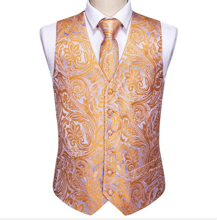 Orange Grey Paisley Waistcoat and Necktie Pocket Square Cufflink Vest Set-MJ-2062 - SimonVon Shop