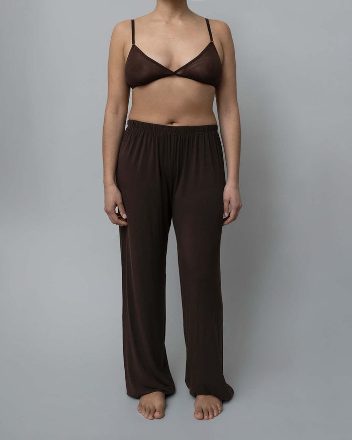 Front View of Recline Pant in Espresso from KYE Intimates in Los Angeles.