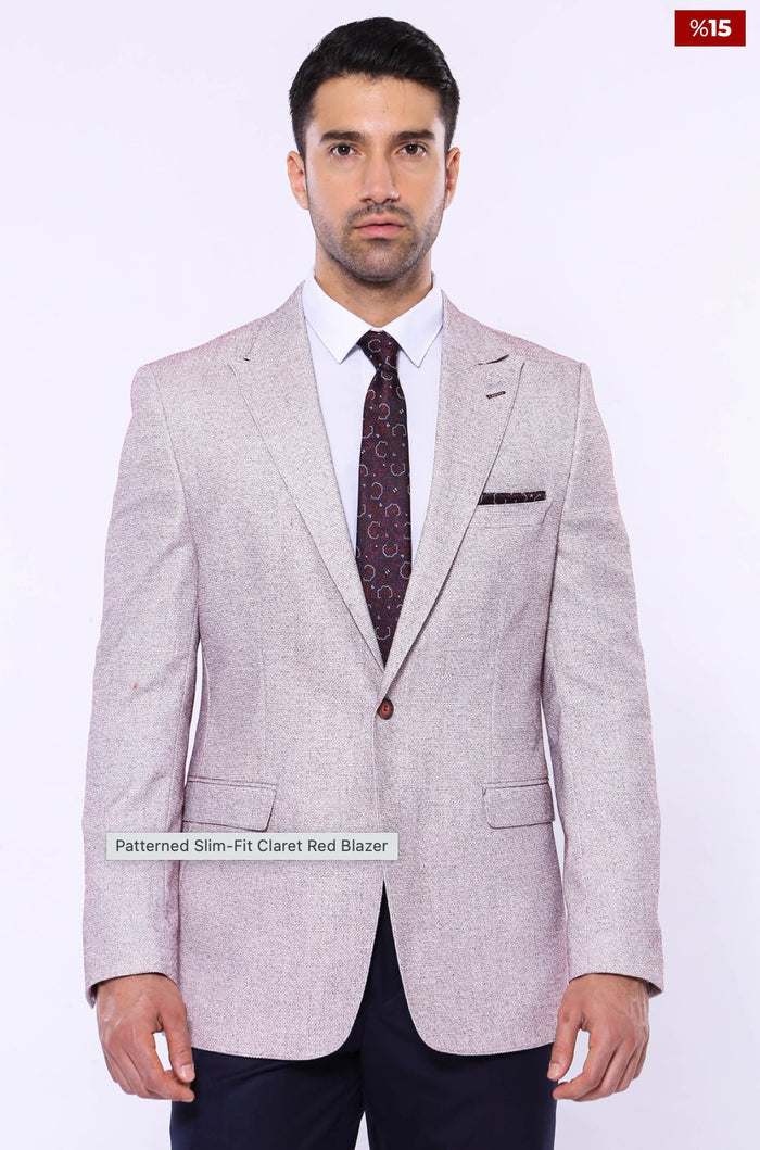 Patterned Slim-Fit Claret Red Blazer - SimonVon Shop