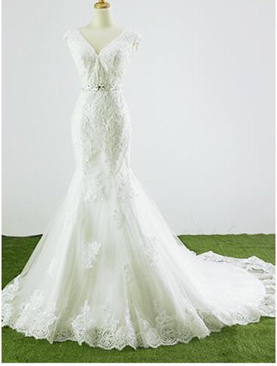 Photography Mermaid Wedding Dress Deep-V Beading Crystal Bridal Gowns HM66259 - SERENE HILL