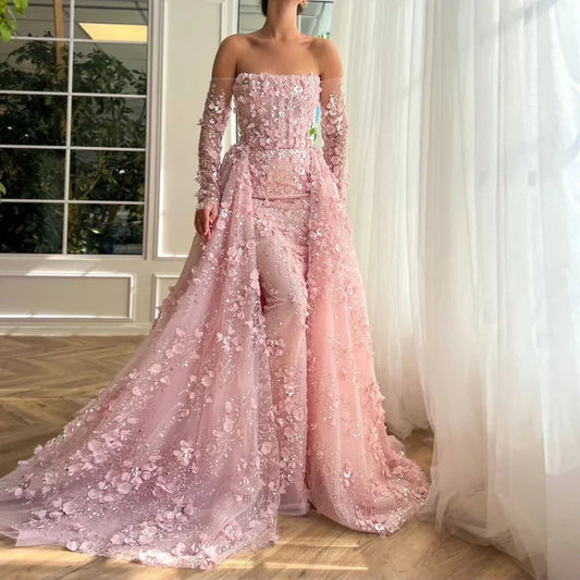 Pink Beaded Mermaid Evening Gown with Overskirt and Appliques LA72641 - SERENE HILL