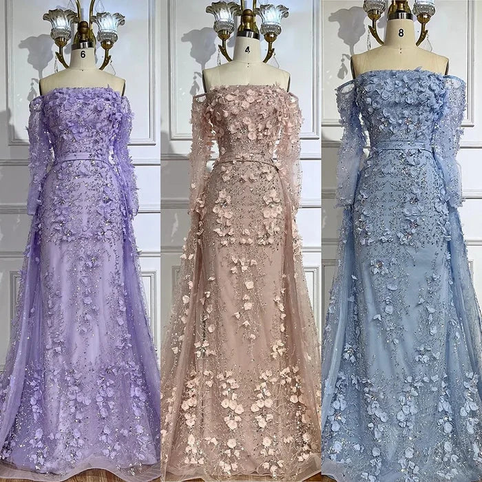 Pink Beaded Mermaid Evening Gown with Overskirt and Appliques LA72641 - SERENE HILL