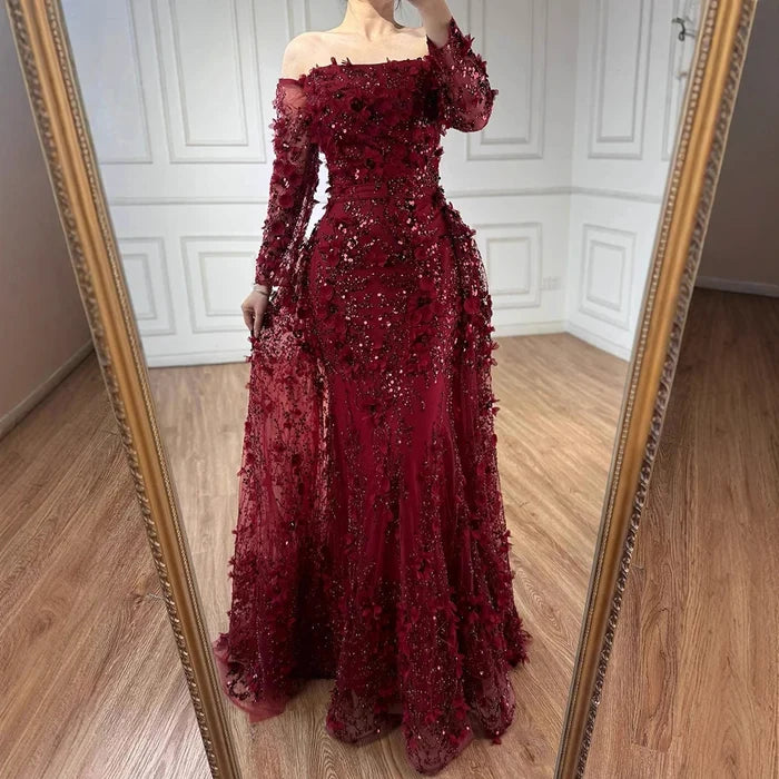 Pink Beaded Mermaid Evening Gown with Overskirt and Appliques LA72641 - SERENE HILL