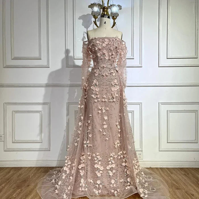 Pink Beaded Mermaid Evening Gown with Overskirt and Appliques LA72641 - SERENE HILL