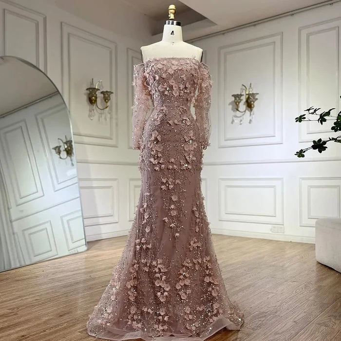 Pink Beaded Mermaid Evening Gown with Overskirt and Appliques LA72641 - SERENE HILL