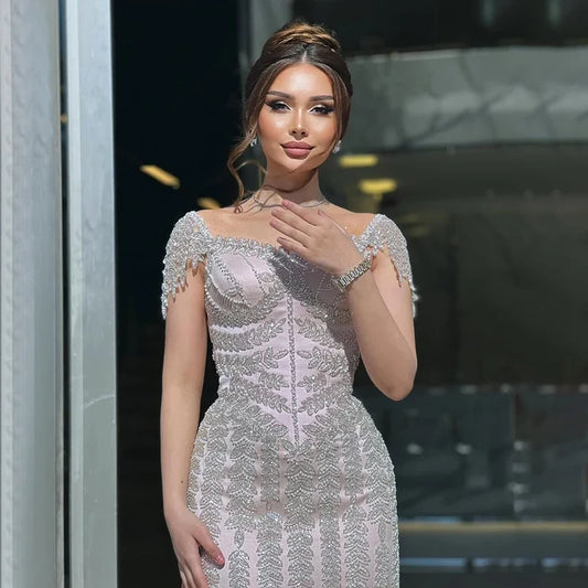 Pink Mermaid Beaded Evening Dress with Short Sleeves LA72787 - SERENE HILL