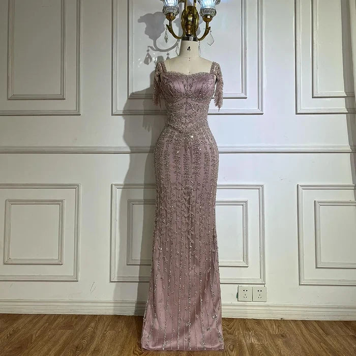 Pink Mermaid Beaded Evening Dress with Short Sleeves LA72787 - SERENE HILL