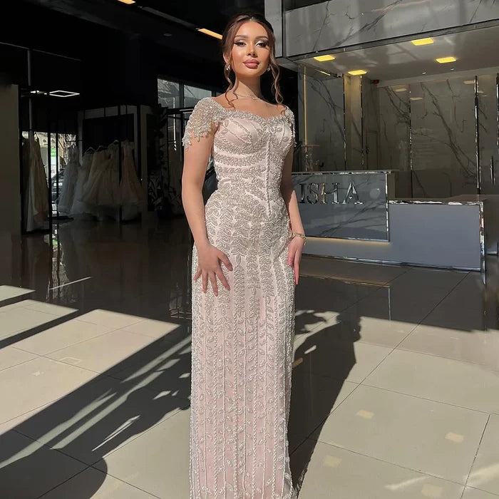 Pink Mermaid Beaded Evening Dress with Short Sleeves LA72787 - SERENE HILL