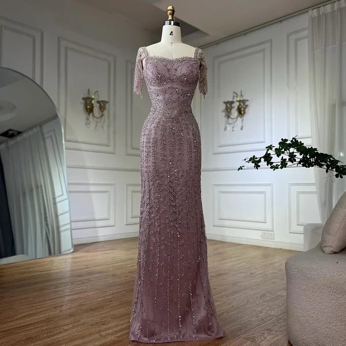 Pink Mermaid Beaded Evening Dress with Short Sleeves LA72787 - SERENE HILL