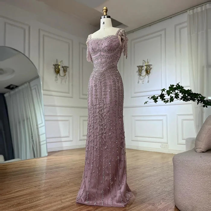 Pink Mermaid Beaded Evening Dress with Short Sleeves LA72787 - SERENE HILL
