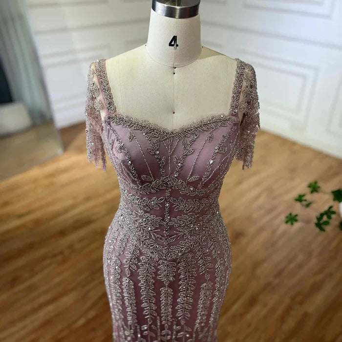 Pink Mermaid Beaded Evening Dress with Short Sleeves LA72787 - SERENE HILL
