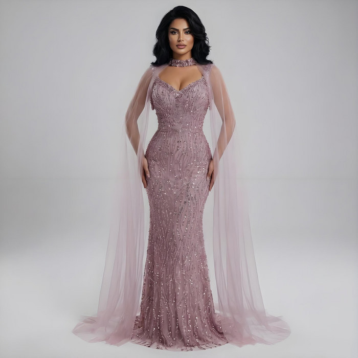 Pink Mermaid Luxury Beaded Evening Gown with Cape Sleeves LA72921 - SERENE HILL
