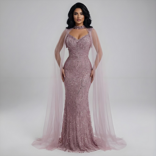 Pink Mermaid Luxury Beaded Evening Gown with Cape Sleeves LA72921 - SERENE HILL