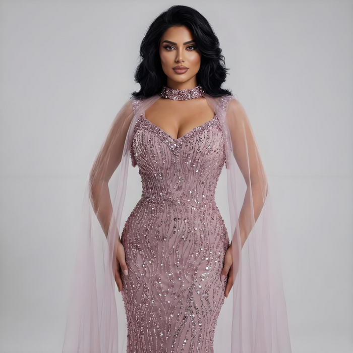Pink Mermaid Luxury Beaded Evening Gown with Cape Sleeves LA72921 - SERENE HILL