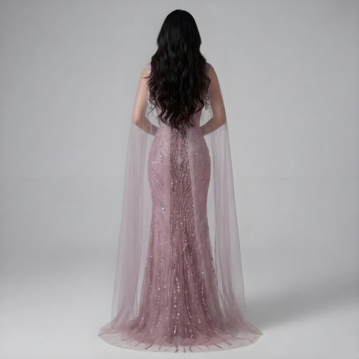 Pink Mermaid Luxury Beaded Evening Gown with Cape Sleeves LA72921 - SERENE HILL