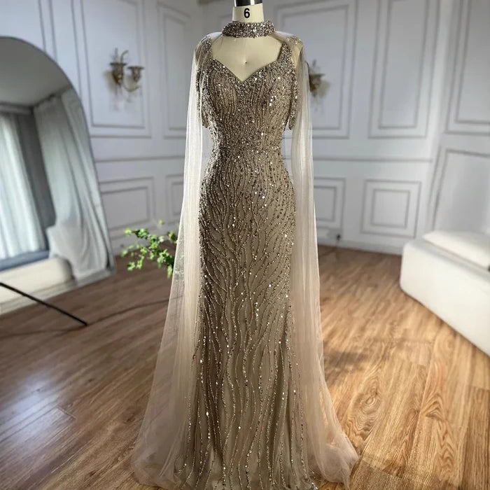 Pink Mermaid Luxury Beaded Evening Gown with Cape Sleeves LA72921 - SERENE HILL