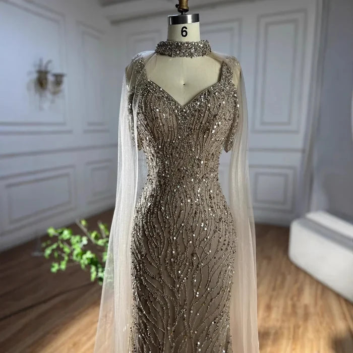 Pink Mermaid Luxury Beaded Evening Gown with Cape Sleeves LA72921 - SERENE HILL