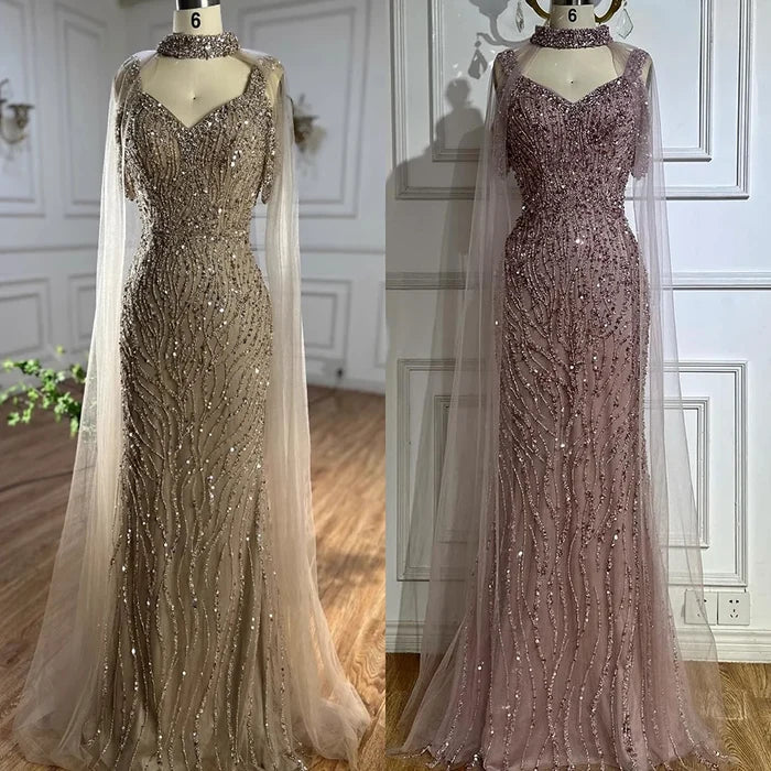 Pink Mermaid Luxury Beaded Evening Gown with Cape Sleeves LA72921 - SERENE HILL