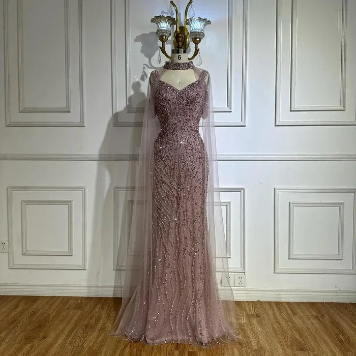 Pink Mermaid Luxury Beaded Evening Gown with Cape Sleeves LA72921 - SERENE HILL