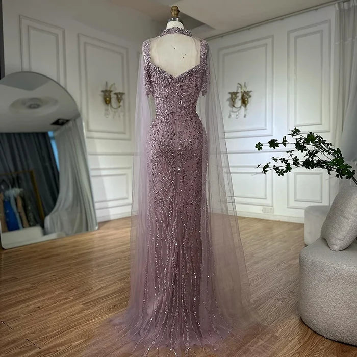 Pink Mermaid Luxury Beaded Evening Gown with Cape Sleeves LA72921 - SERENE HILL