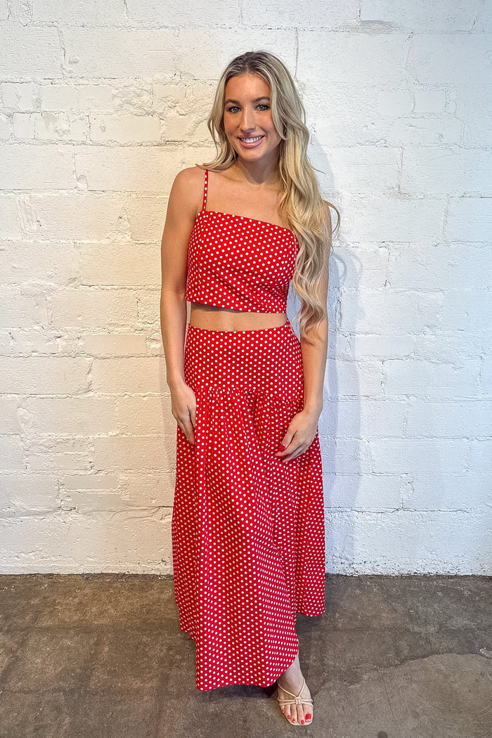 Presley Polka Dot Maxi Skirt, Maxi Skirt, Polka Dot Skirt, Sets, Matching Sets, Spring and Summer Styles, Adeline Boutique, Dallas Boutique, Vacation Sets, Skirts