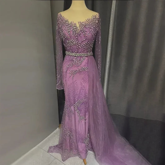 Purple Evening Gowns with Beaded Skirt and Lace-up Detail LA72376 - SERENE HILL