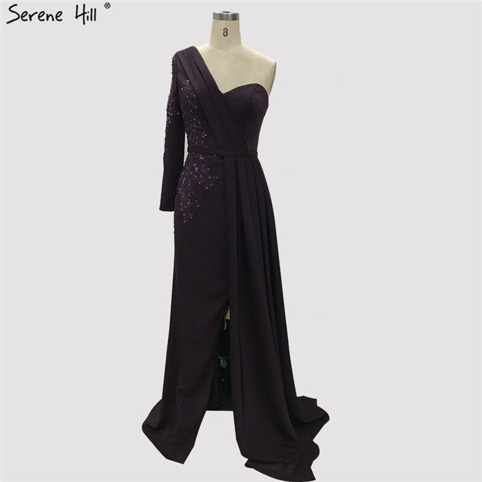 Purple Sexy One Shoulder Satin Evening Dresses 2025 Mermaid Beading Formal Dress Serene Hill LA70318 - SERENE HILL