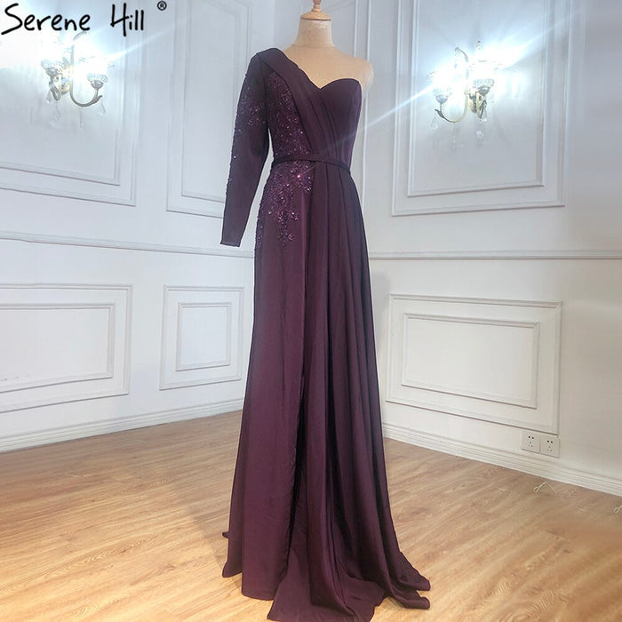 Purple Sexy One Shoulder Satin Evening Dresses 2025 Mermaid Beading Formal Dress Serene Hill LA70318 - SERENE HILL