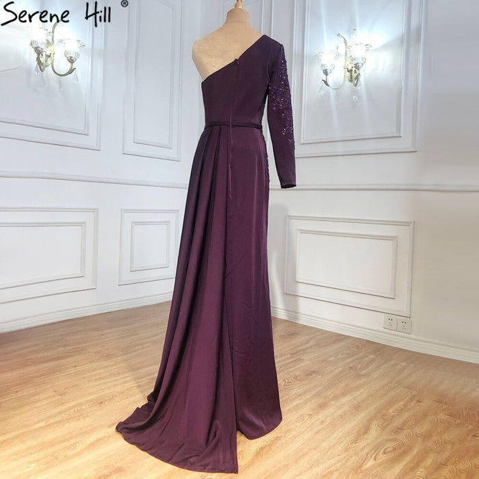 Purple Sexy One Shoulder Satin Evening Dresses 2025 Mermaid Beading Formal Dress Serene Hill LA70318 - SERENE HILL