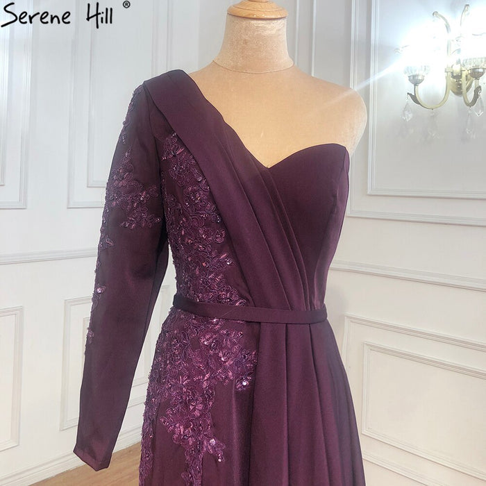 Purple Sexy One Shoulder Satin Evening Dresses 2025 Mermaid Beading Formal Dress Serene Hill LA70318 - SERENE HILL