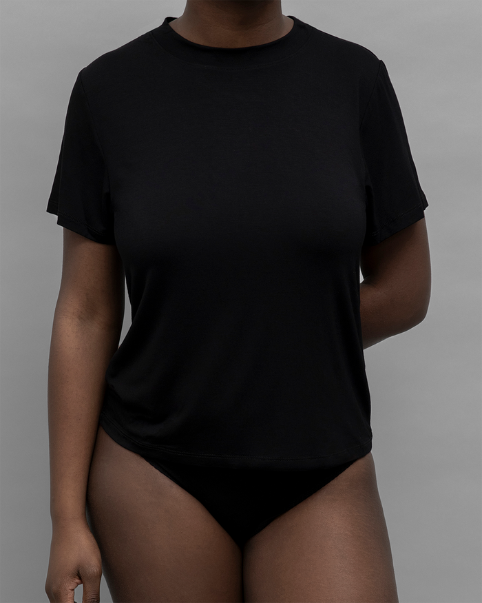 Front View of the Recline Tee in Black from KYE Intimates in Los Angeles.
