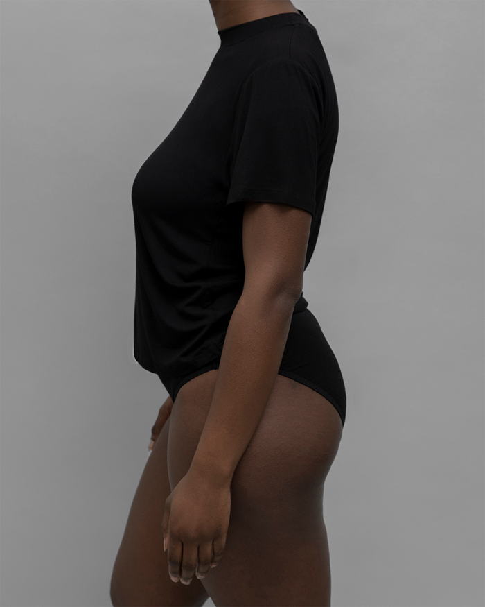 Side View of the Recline Tee in Black from KYE Intimates in Los Angeles.