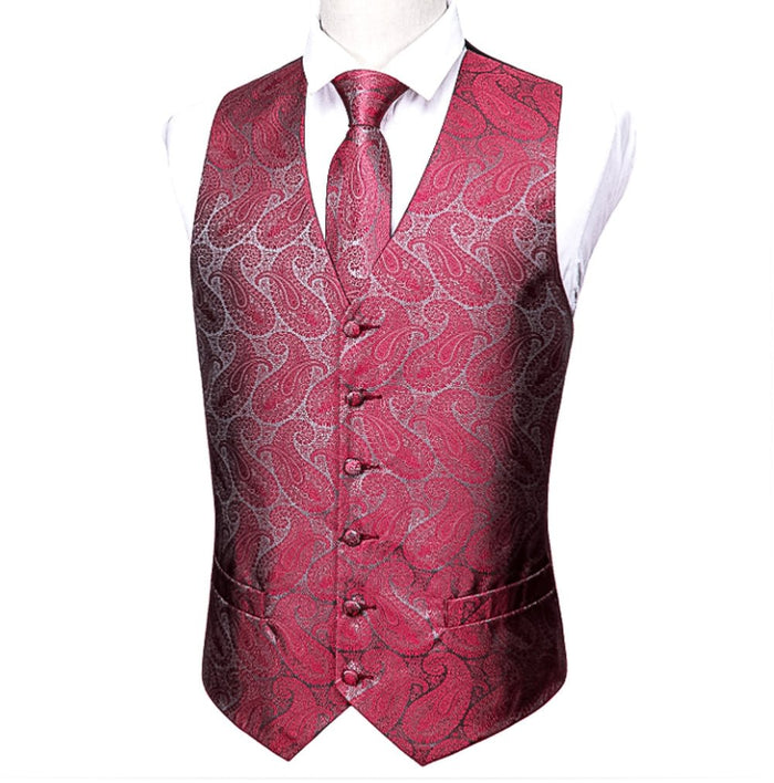 Red And Grey Floral Silk 4pc Waistcoat Vest Necktie Pocket Square Cufflinks Set-MJ-2043 - SimonVon Shop